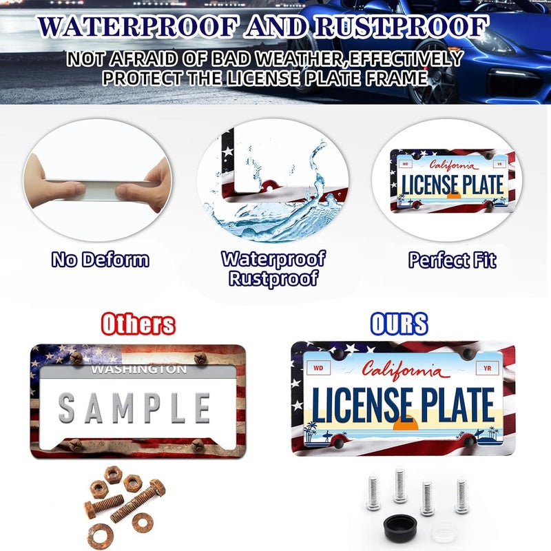 LIN KANG American Flag License Plate Frame Holder - 2 Pack Patriotic Universal Aluminum Matte Stripe US Flag Gloss Car Plate Frame Covers with 4 Holes and Screws Fasteners Caps - Image 3
